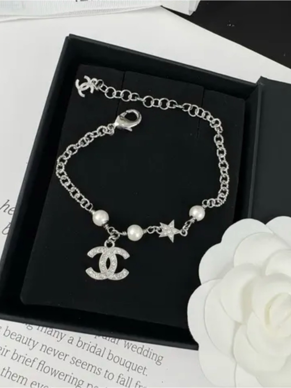 CHANEL Silver-Tone Pearl Bracelet with CC Logo Charm